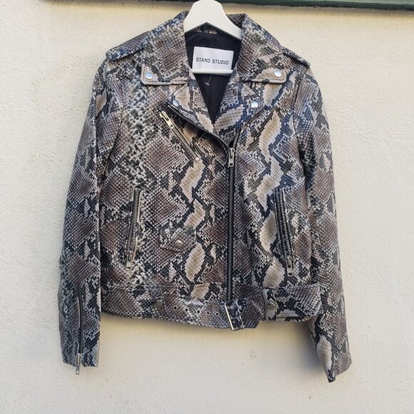 Stand Studio Polly Snakeskin-Effect Genuine Leather Biker Jacket - Picture 4 of 9